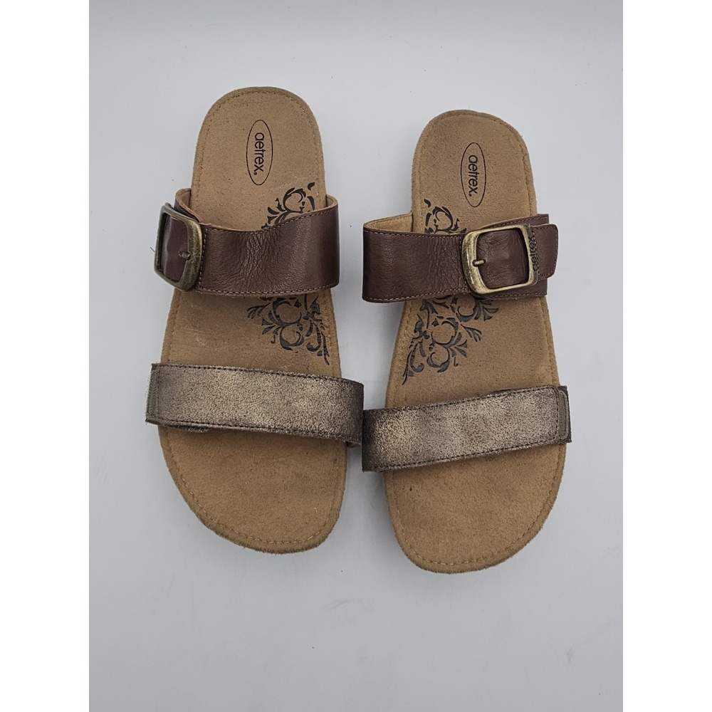 Aetrex Women's Brown Adjustable Buckle Slide Sandals Comfort Orthotic Sz 10
